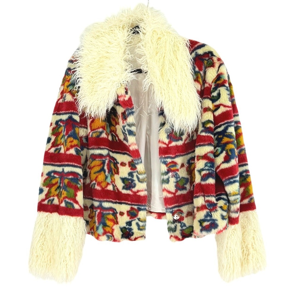 Venus Retro Penny Lane Afghan Faux Fur Shag Trim Boho Tribal Prin Jacket Size 16
